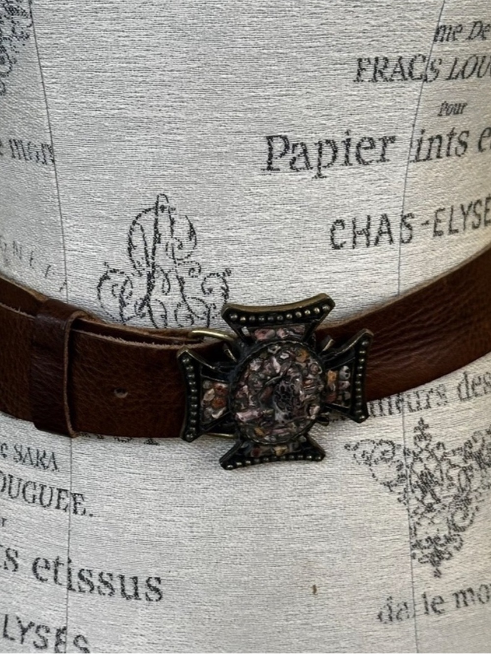 LeatherRock Vintage Brown Leather Belt with Ornate Stone Gothic Cross Buckle 34